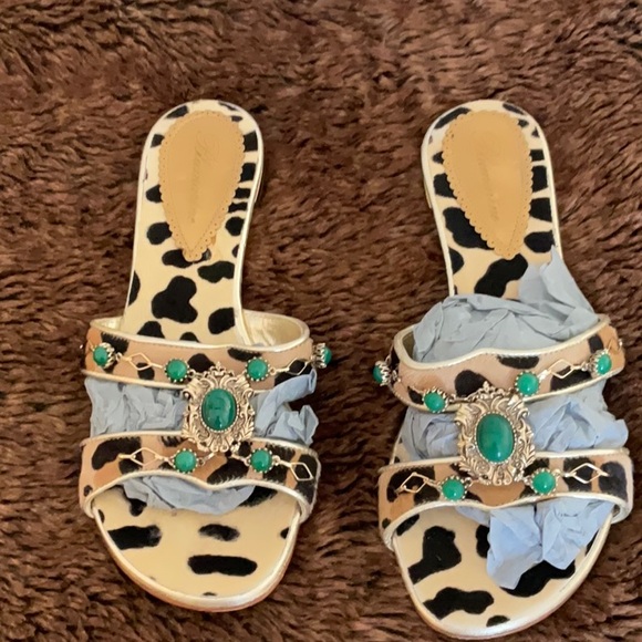 Blumarine pony leopard print green jewel flat sandal 38.5 8 US worn 2x,All Products : American Fashion Style Bags On Sale